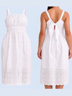 100% COTTON SZ L (12-14) Eyelet Midi Dress, Excellent Condition, White